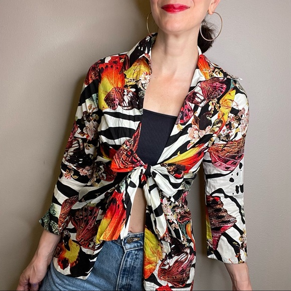 Vintage Tops - Vintage Y2K butterfly print tie front 3/4 sleeve cotton collared blouse animal S